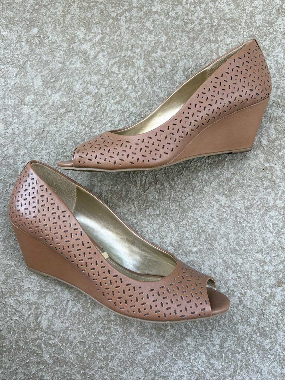 Comfort Plus Tan Perforated Peep-Toe Wedge Heels